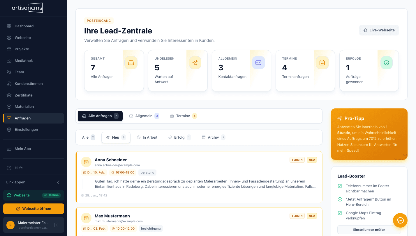 Screenshot: Anfragen-Dashboard