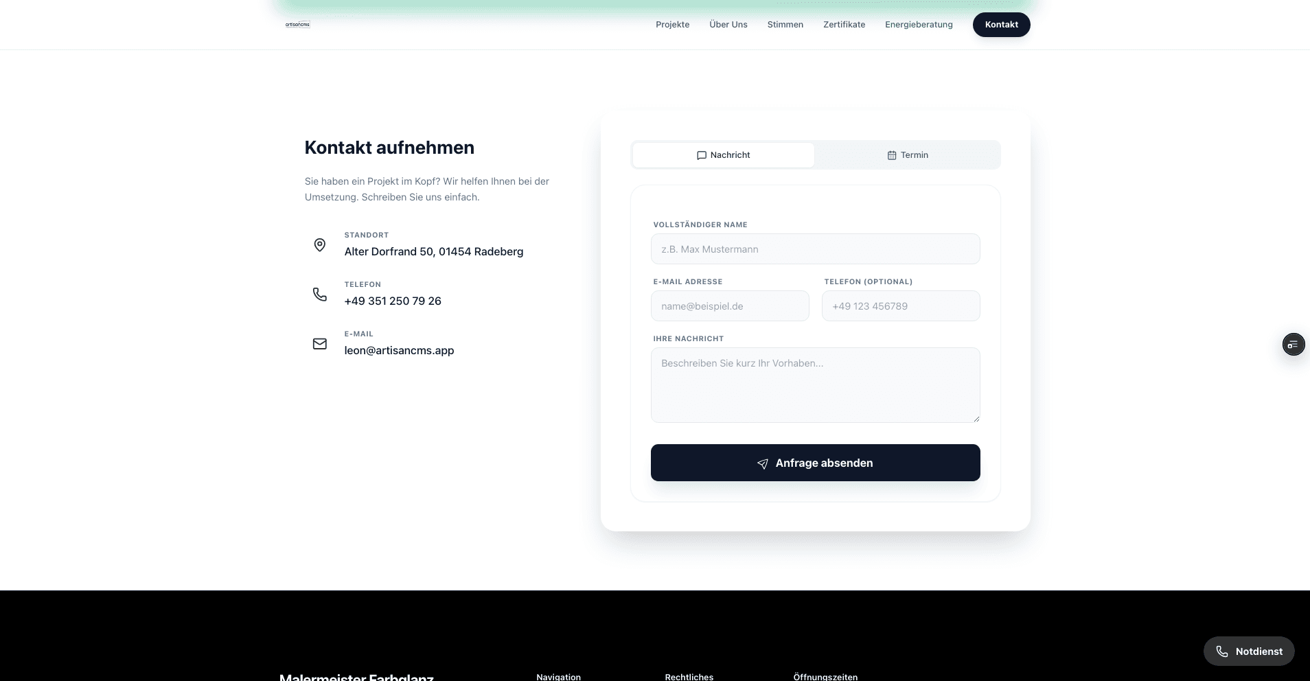 Screenshot: Kontaktformular