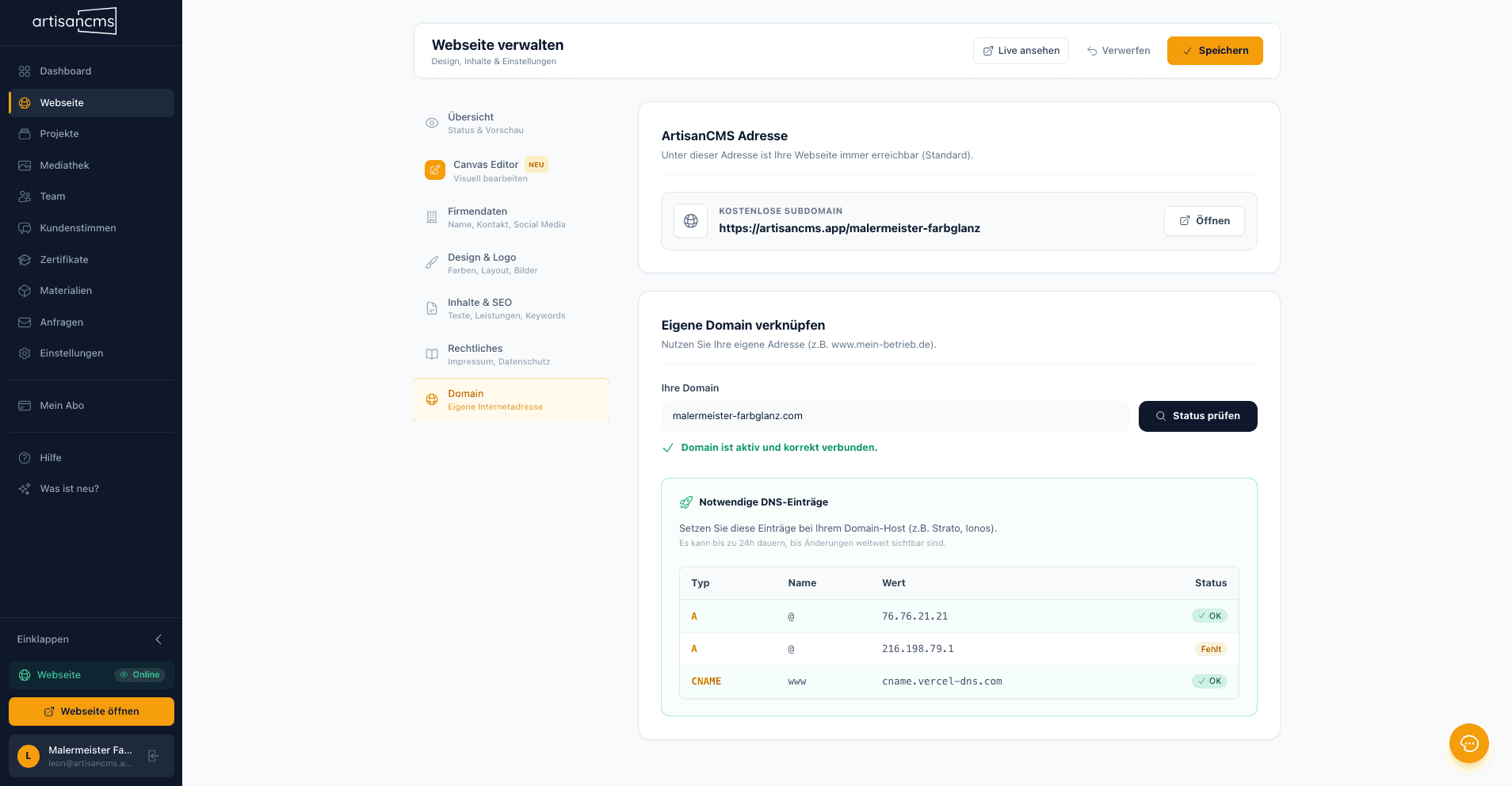 Screenshot: Eigene Domain