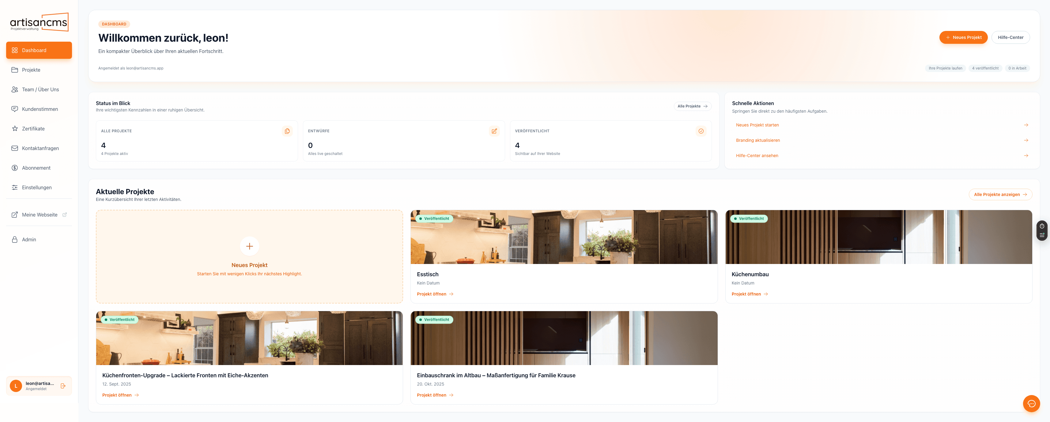 ArtisanCMS Dashboard Ansicht